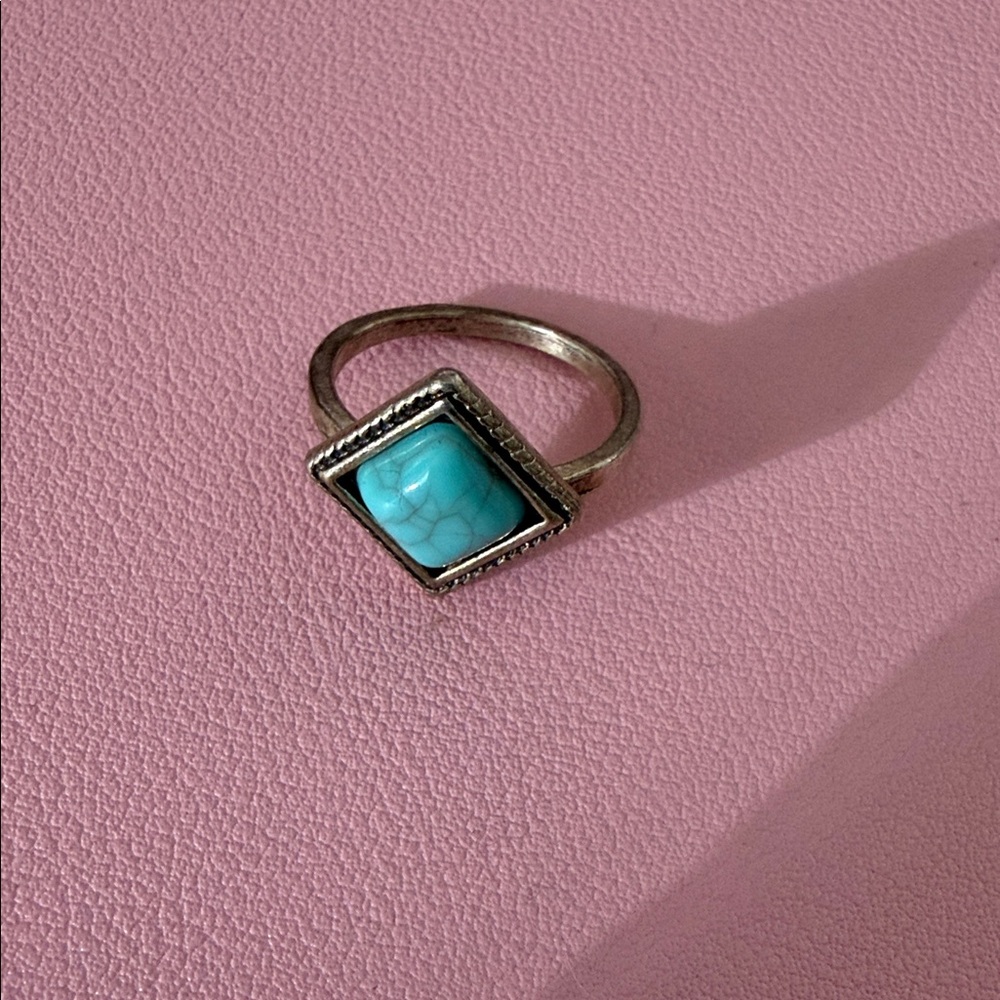 Turquoise Square Stone Silver Ring - Women Jewelry